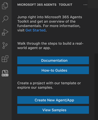 A screenshot of the Create a New Agent/App button in the Microsoft 365 Agents Toolkit app bar
