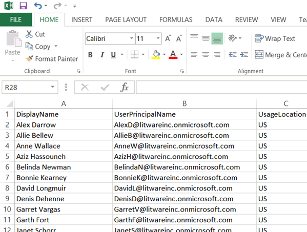 Example of a table imported into an Excel worksheet for Skype for Business Online user data that was saved to a comma-separated values file.