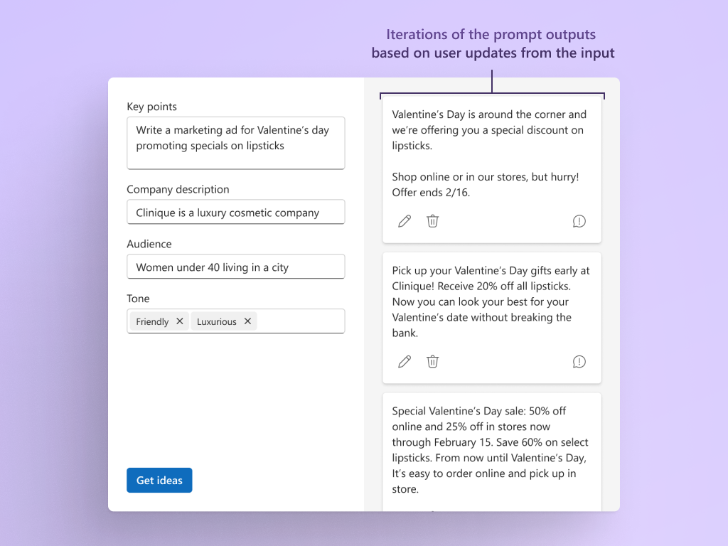 Screen shot that shows the iterations of the prompt outputs based on user updates from the input.