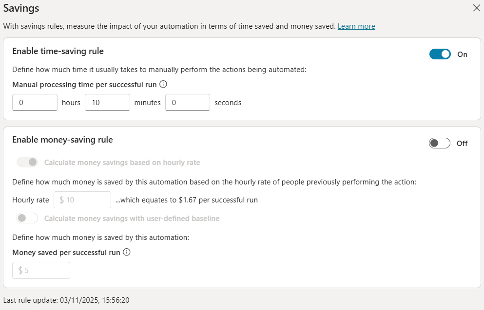 Screenshot of the saving rule edition screen.