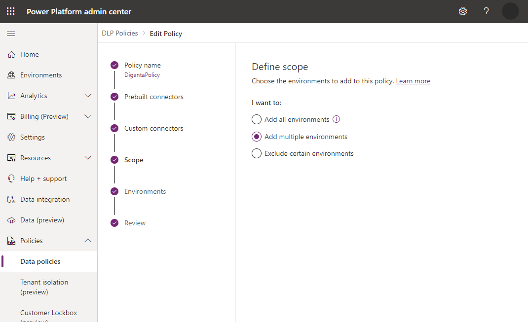 Screenshot of the scope step where one or more environments are chosen.