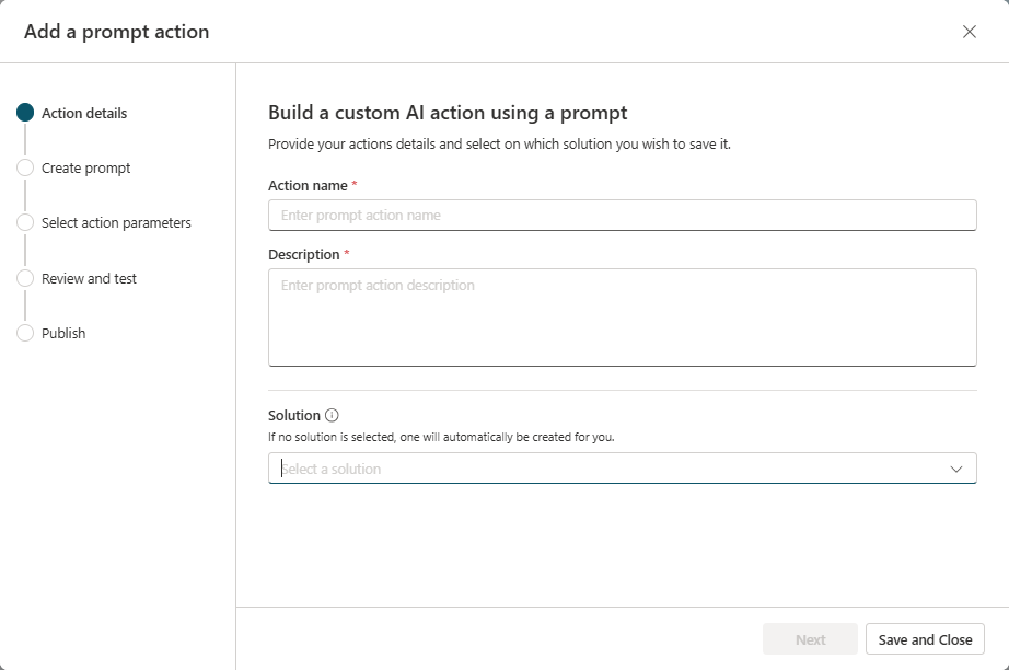 Screenshot of Action details step of Add a prompt action.