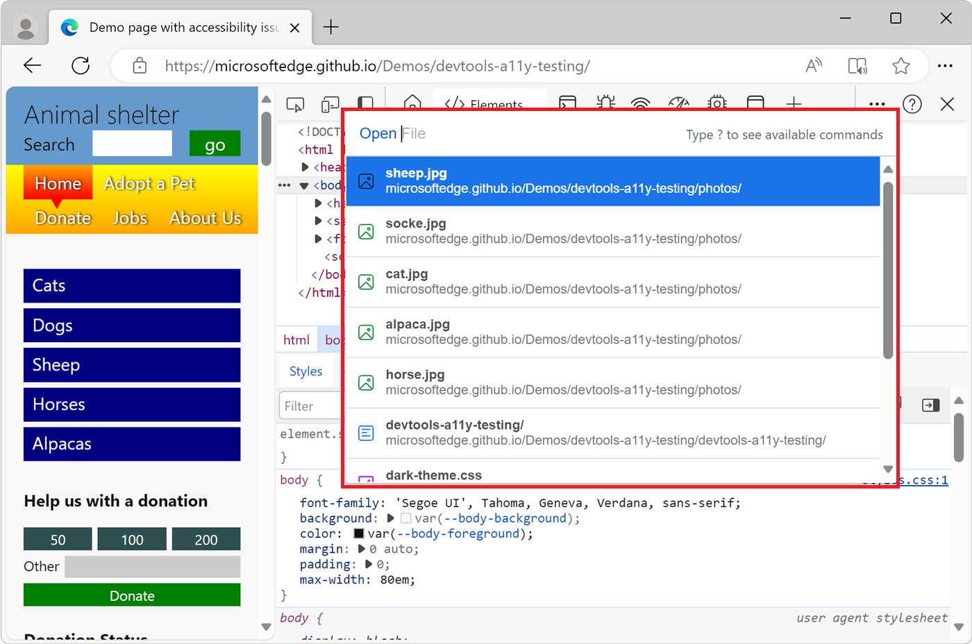 The Command Menu, displaying the Open File list