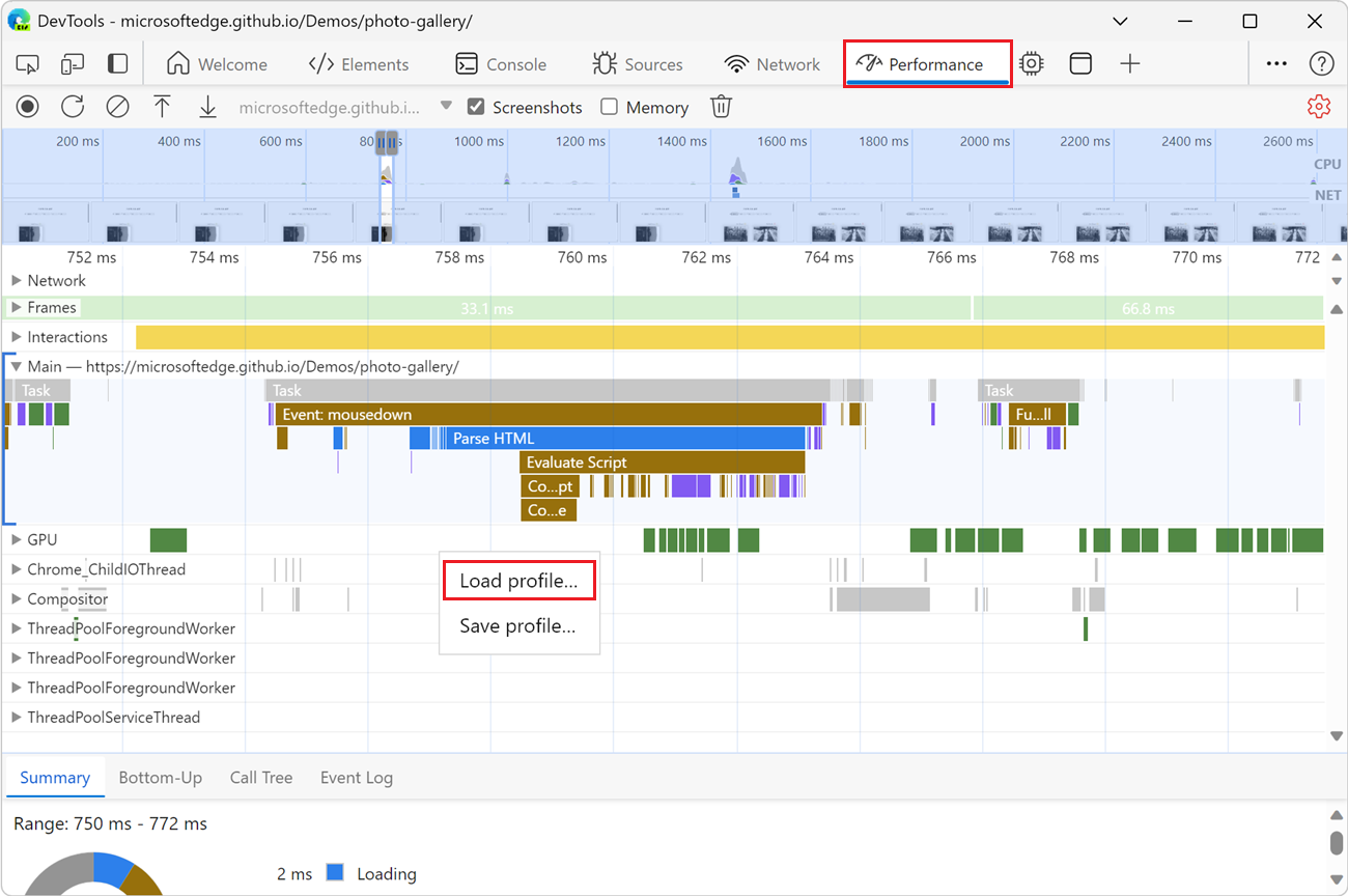 The 'Load profile' right-click menuitem