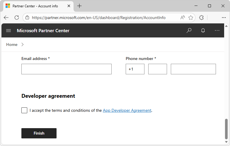 Developer agreement section and Finish button