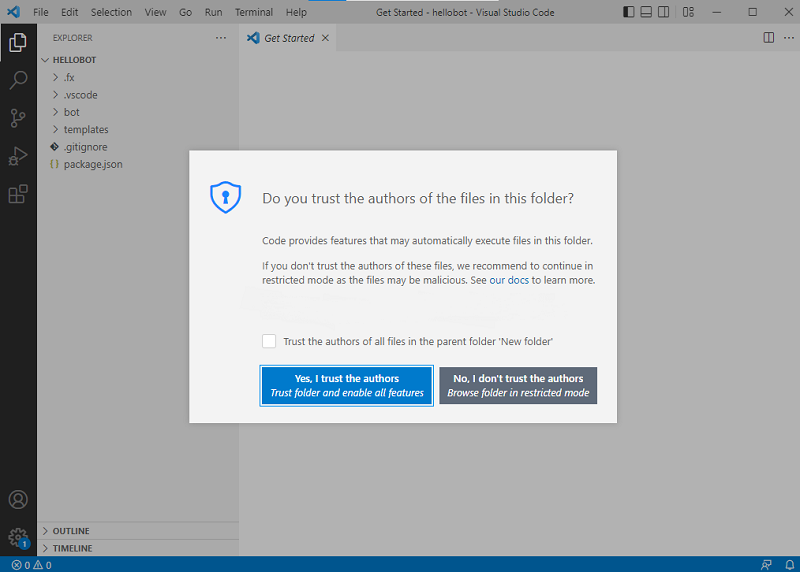 Screenshot shows the dialog to trust or not the authors of the files in this folder.