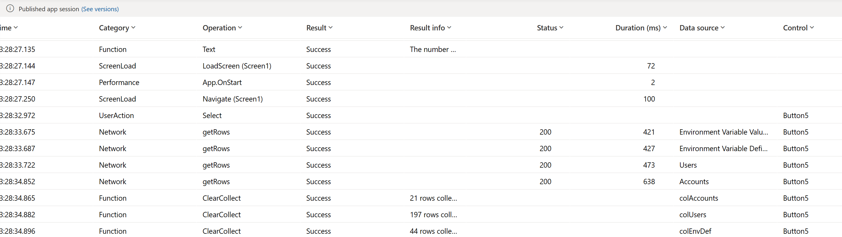 Monitoriaus rezultatų, kuriuose rodomi aprašyti stulpeliai, ekrano kopija
