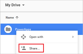 Bendrinimo parinktis „Google Drive“.