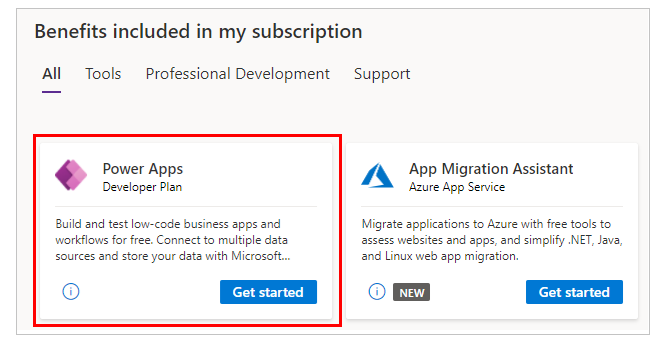 „Power Apps“ kūrėjo planas programoje „Visual Studio“.