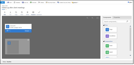 Užduočių srauto dizaino įrankio langas.