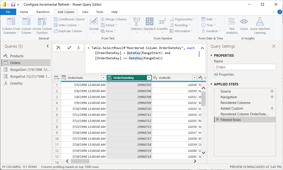 Power BI table showing a query formula modified to use the RangeStart and RangeEnd paramaeters.