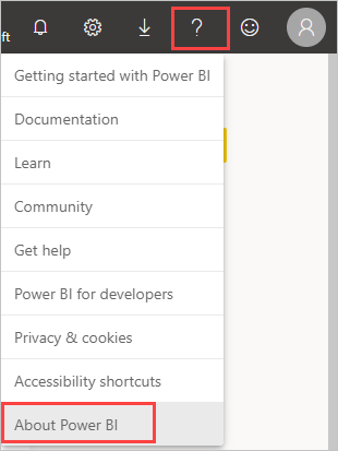 Screenshot shows the question mark where you can determine your Power BI tenant location.