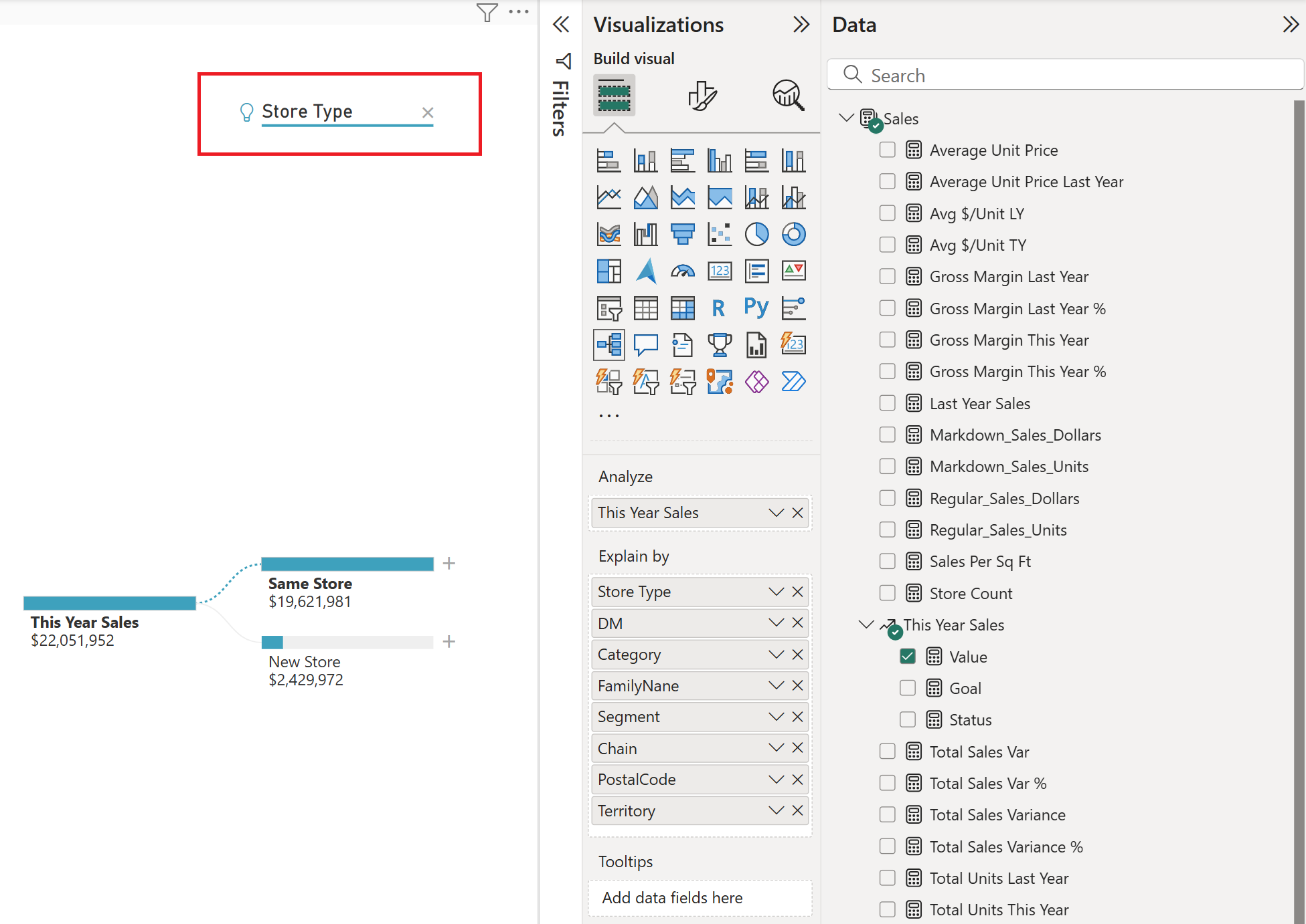 Screenshot shows Store Type selected by Power BI.