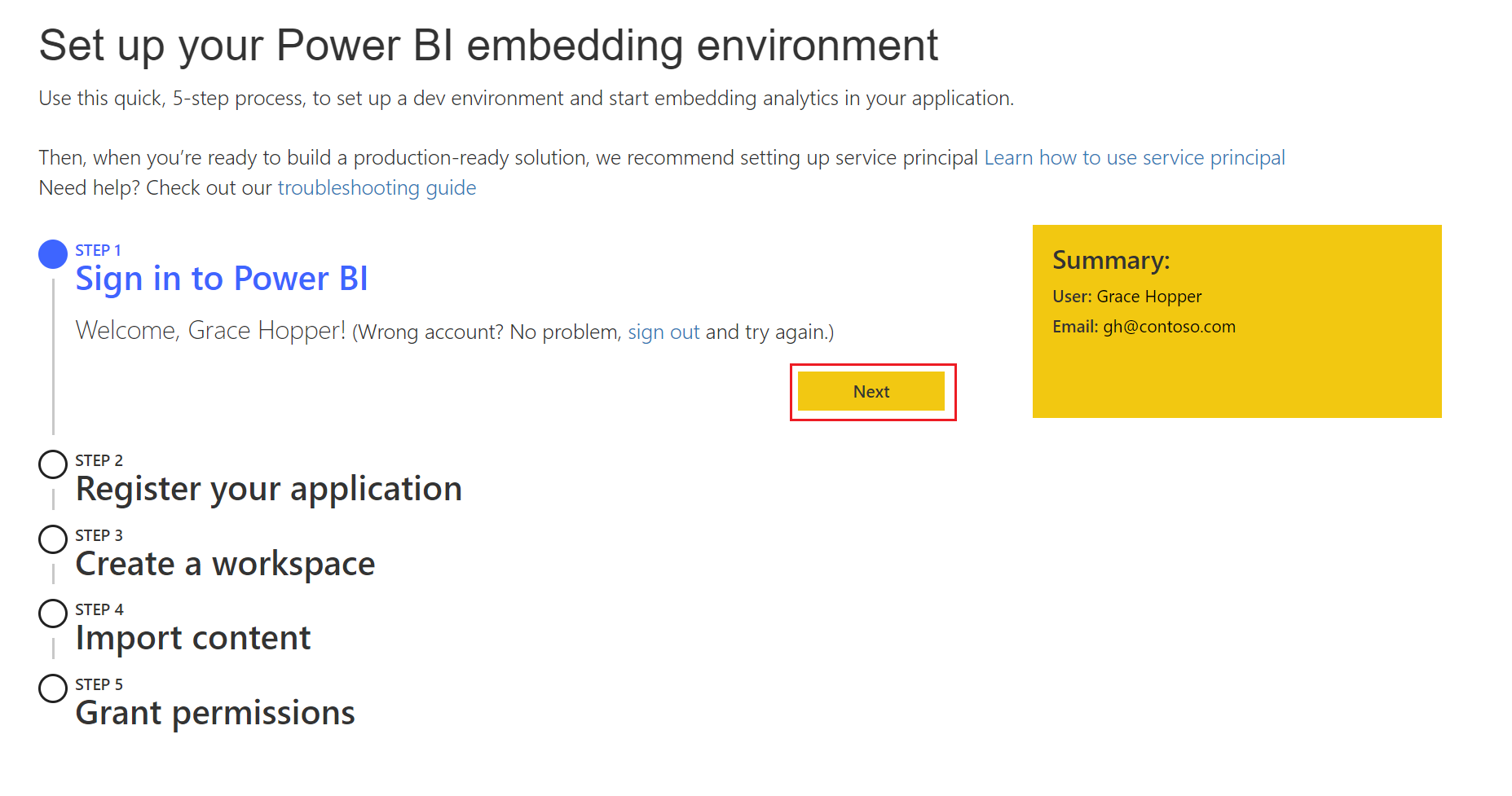 Screenshot of the Power BI embedded analytics setup tool after a user has signed in to Power BI. The Next button in highlighted.