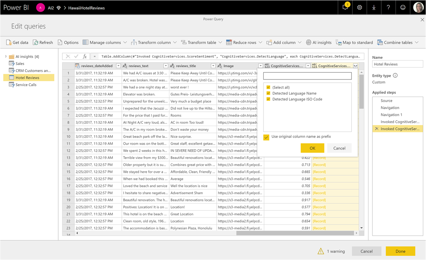 Screenshot of the expand column option selected at the top of a column in Power Query.