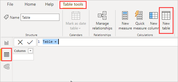 Screenshot of the Power BI Desktop menu ribbon with Table tools, New table and Table view highlighted.
