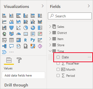 Screenshot of Power BI Desktop showing the Date filter in the Fields pane.