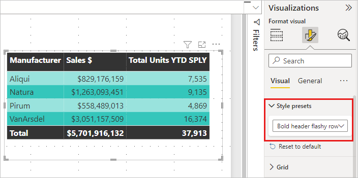 Screenshot of a table with the Bold header, flashy rows style preset applied.