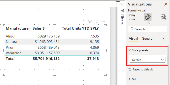 Screenshot of the Style presets settings in the Format visual pane.