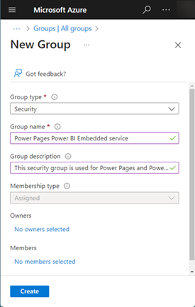 Tarnybos „Power BI Embedded” saugos grupių kūrimas.
