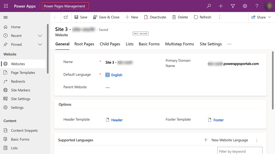 Power Pages valdymo programos ekrano nuotrauka.