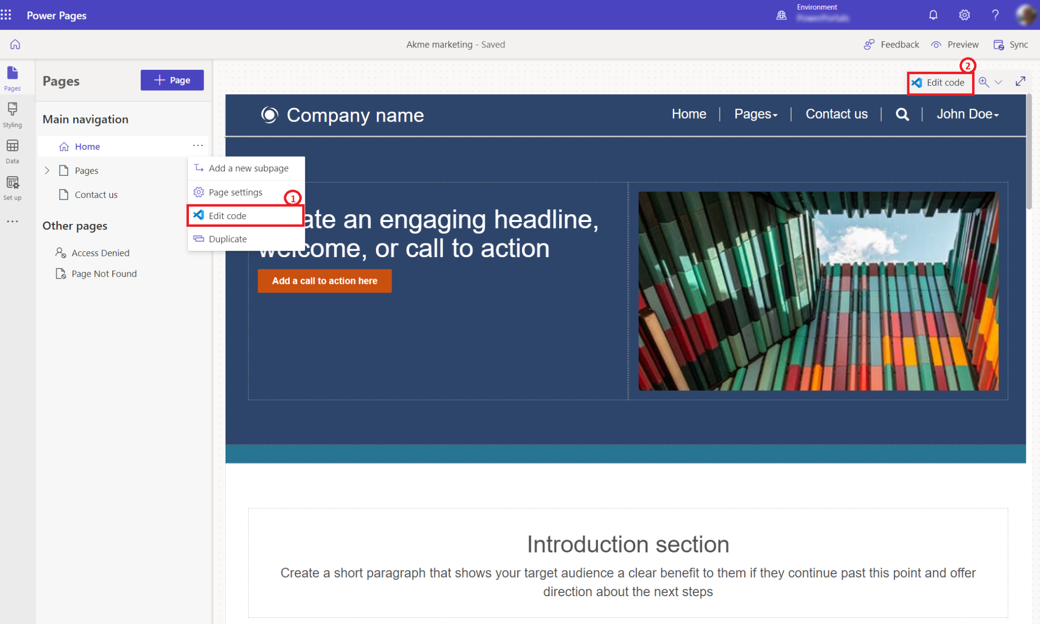 Kodo redagavimas darbo srityje Puslapiai.