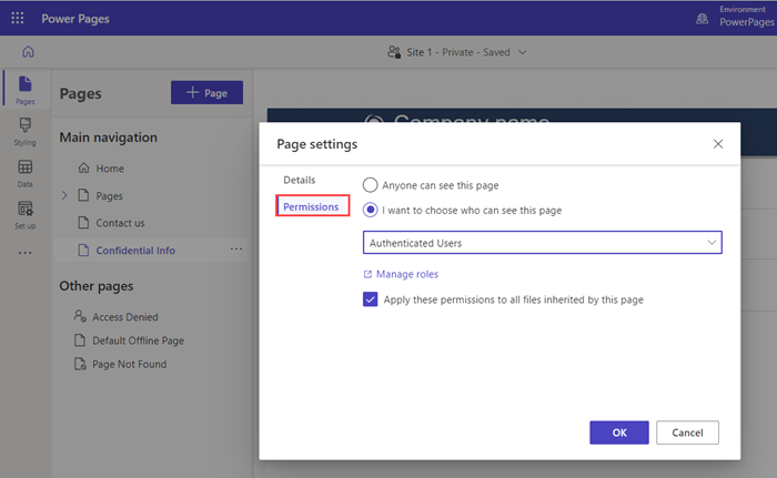 Puslapio nustatymų ekrano kopija Microsoft Power Pages.