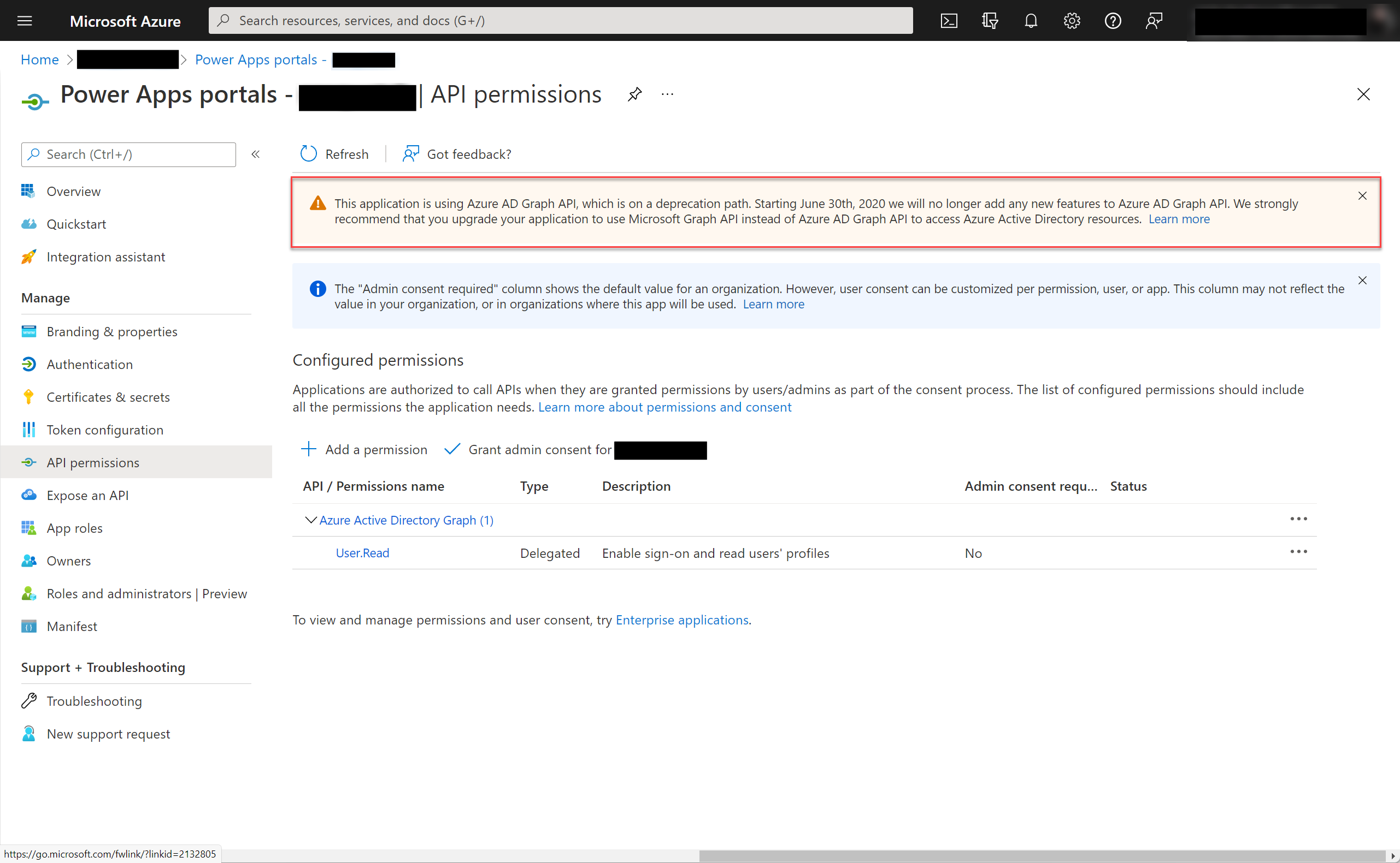 Azure AD Graph API konfigūracija.