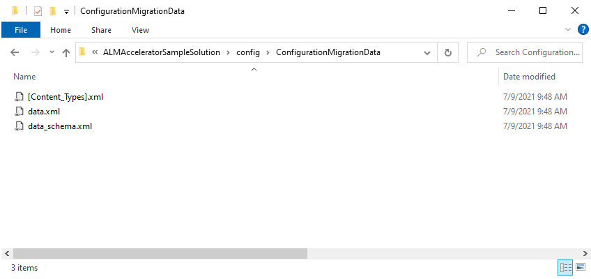 Konfigūracijos perkėlimo duomenų, išpakuotų ConfigurationMigrationData kataloge, ekrano kopija.