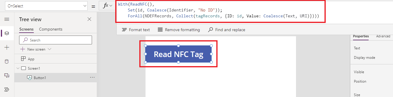Aukščiau pateikta formulė įvesta kaip mygtuko ypatybė OnSelect.