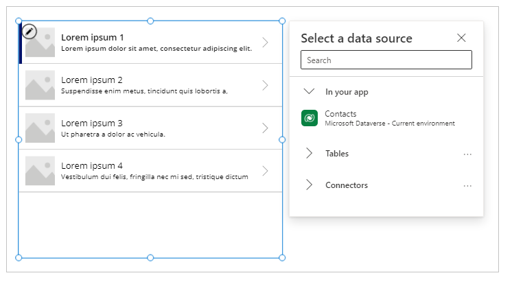 Kontaktų lentelės, rodomos galerijoje, pasirinkimas.