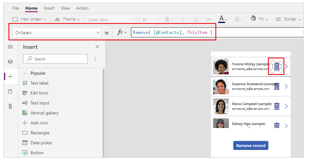 „OnSelect“ šiukšliadėžės piktogramai.