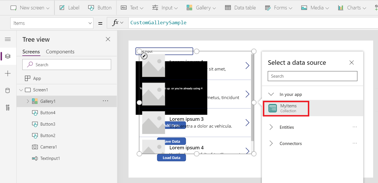 Galerijos pasirinkimas duomenų šaltinis.