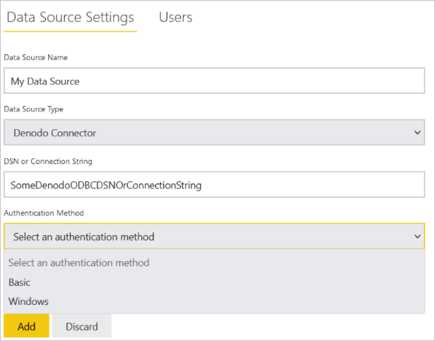 Screenshot of the Data Source Settings dialog where you add the Denodo Data source.