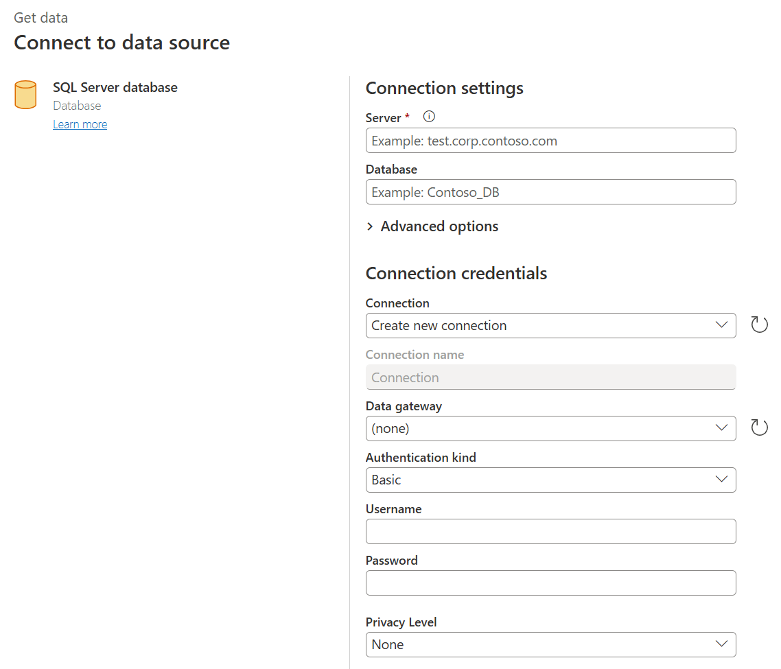 Screenshot of the SQL Server database connection builder in Power Query Online.
