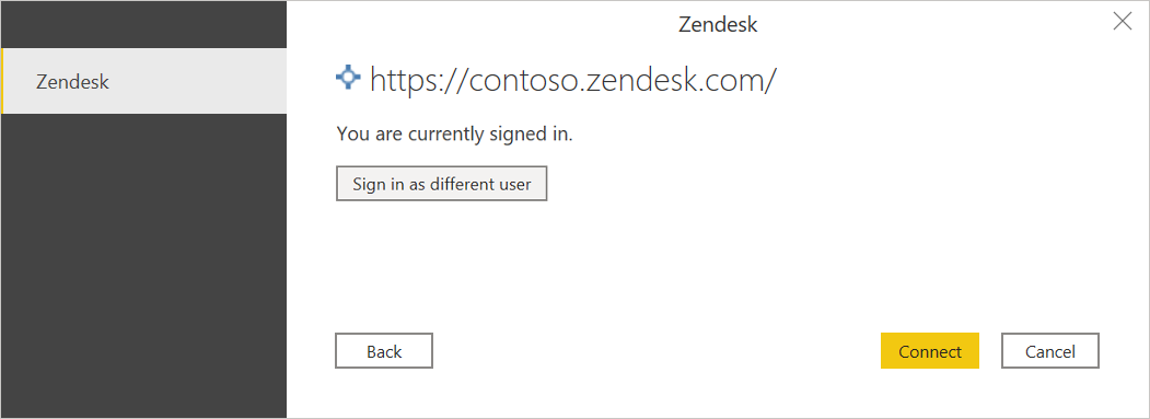 Screenshot of the authentication dialog with the user signed in and ready to connect.
