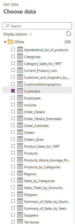 Screenshot of the Choose data windows where you select the Customers table.
