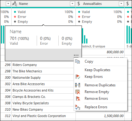 Distribution of names column with 701 names valid (100 percent), zero errors and zero empty, with quick action commands displayed.