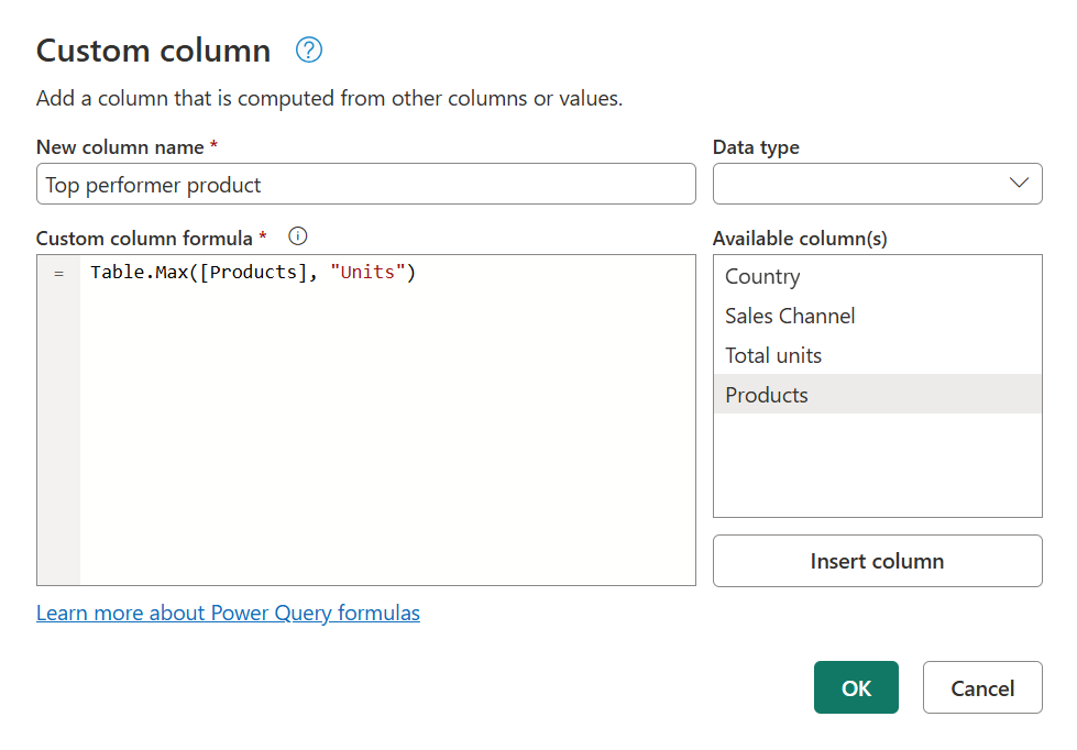 Screenshot of the Custom column dialog with the formula for Table.Max entered.