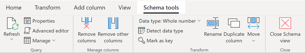 Screenshot of the schema tools tab in the ribbon that's available when in Schema view with the most used column-level transforms.