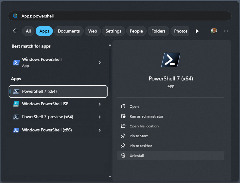 PowerShell in the Start Menu.