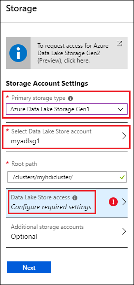 HDInsight storage account settings