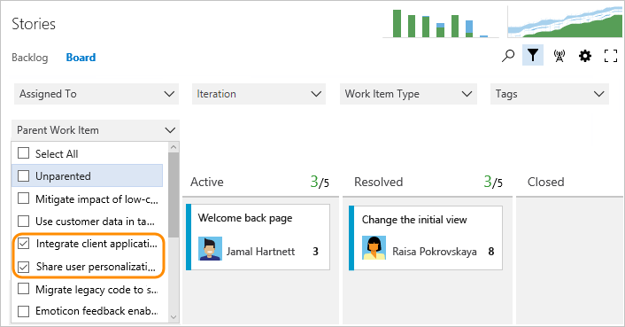 Kanban board, Filter on parent work items