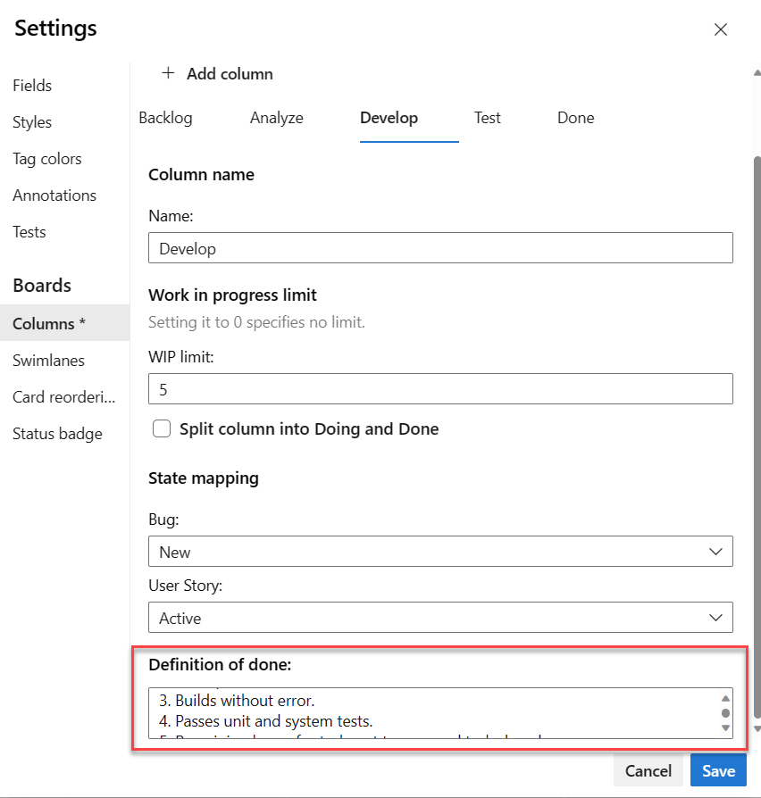 Screenshot of columns management screen, entering plain text for Definition of Done.