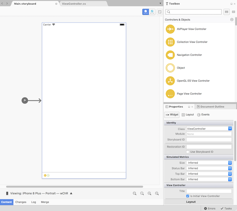 A storyboard open in the iOS Designer A storyboard open in the iOS Designer