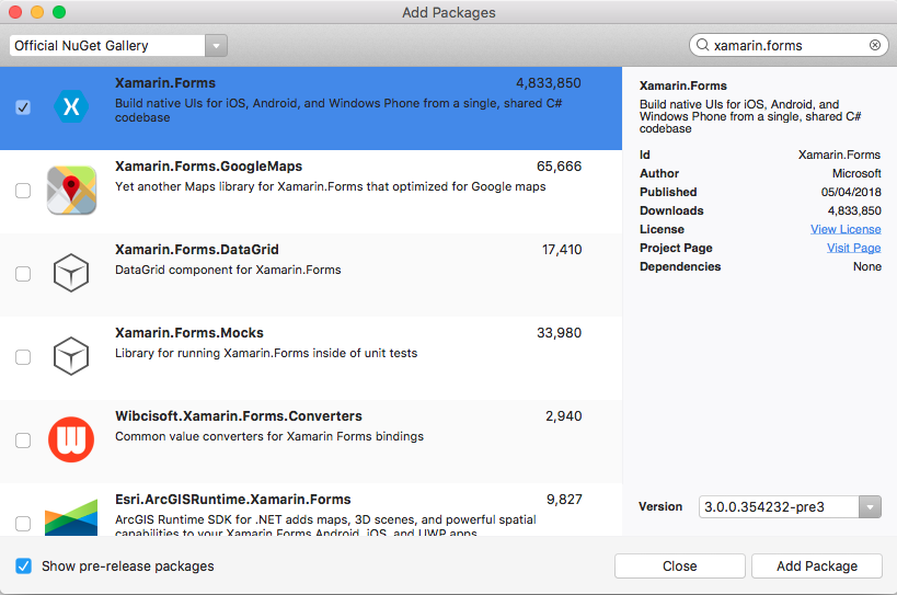 Select the Xamarin.Forms NuGet package Select the Xamarin.Forms NuGet package