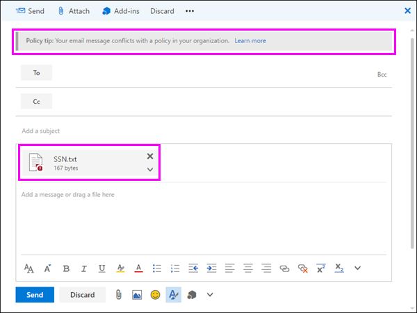 Policy tip showing that an attachment conflicts with a DLP policy.