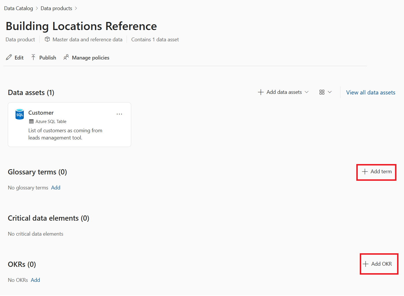 Screenshot of a data product detail page with the buttons to add OKRs and Glossary terms highlighted.