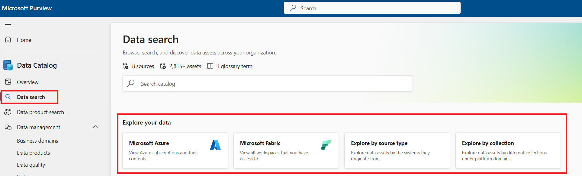 Screenshot of the data search page, showing the explore your data options.