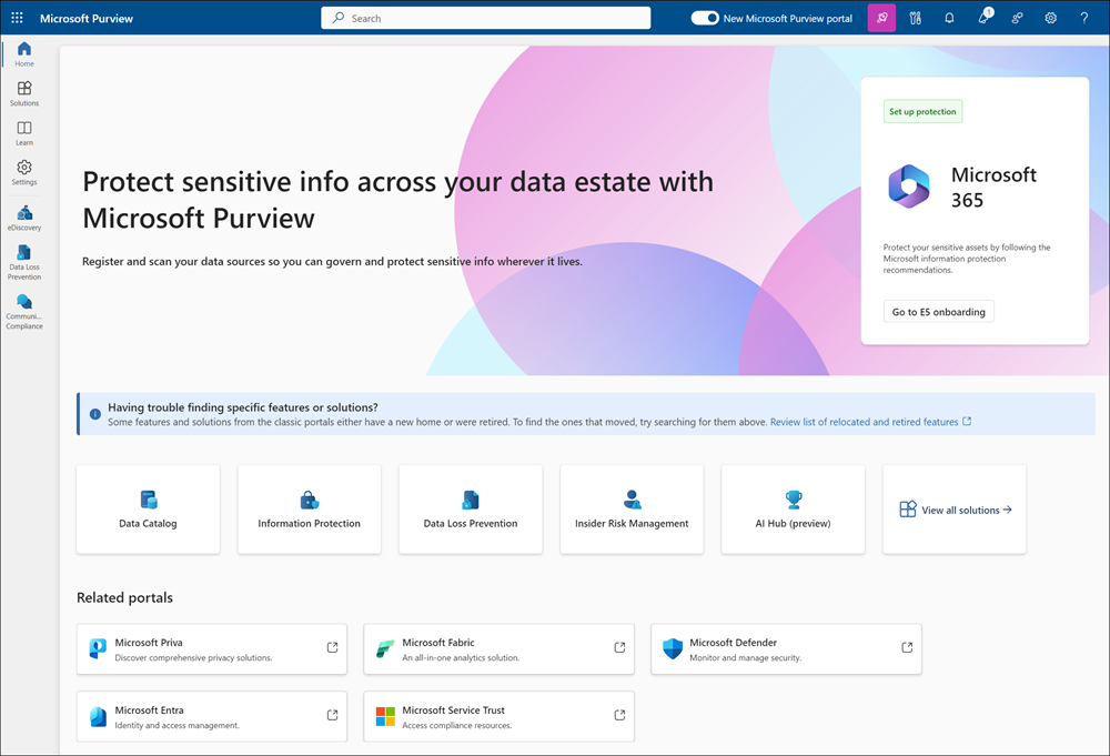 Screenshot showing the Microsoft Purview portal main page.
